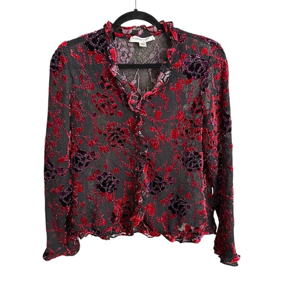 Coldwater Creek Tops - COLDWATER CREEK Sheer Velvet Burnout Ruffle Trim Floral Blouse Whimsigoth Small